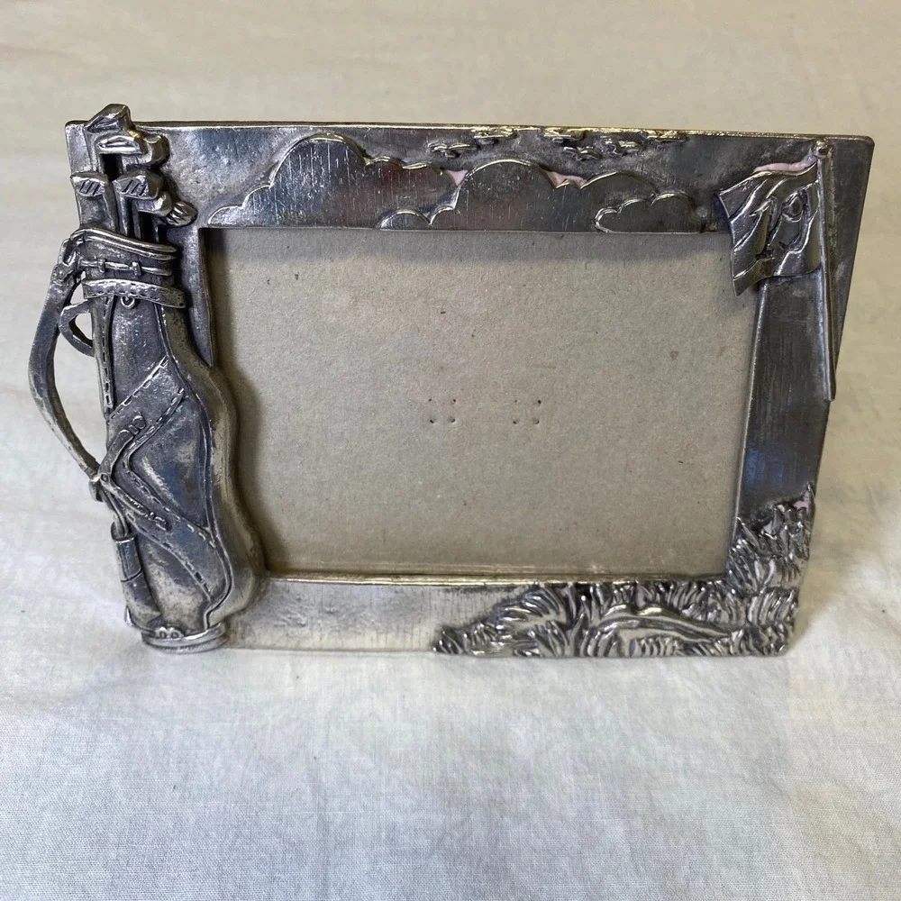 Vintage Pewter Golf Picture Frames Set Clubs‎ Bag Flag 5x3.5 3x4 Lot